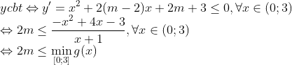 \\ycbt\Leftrightarrow y'=x^{2}+2(m-2)x+2m+3\leq 0,\forall x \in(0;3) \\\Leftrightarrow 2m\leq \frac{-x^2+4x-3}{x+1},\forall x \in(0;3) \\\Leftrightarrow 2m\leq \displaystyle \min_{[0;3]}g(x)
