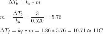 \Delta T_b=k_b*m\ \\ \\ m=\frac{\Delta T_b}{k_b}=\frac{3}{0.520}=5.76\ \\ \\ \Delta T_f=k_f*m=1.86*5.76=10.71\approx 11C