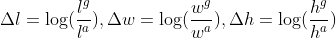 \Delta l=\log(\frac{l^g}{l^a}),\Delta w=\log(\frac{w^g}{w^a}),\Delta h=\log(\frac{h^g}{h^a})