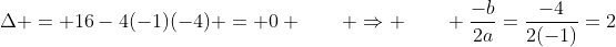 Delta = 16-4(-1)(-4) = 0 qquad Rightarrow qquad frac{-b}{2a}=frac{-4}{2(-1)}=2
