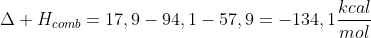 Delta H_{comb}=17,9-94,1-57,9=-134,1frac{kcal}{mol}