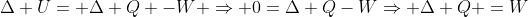 Delta U= Delta Q -W Rightarrow 0=Delta Q-WRightarrow Delta Q =W