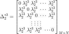 \Delta_{2}^{*3}=\begin{bmatrix} 0 \; \lambda_{2}^{*3}\;\lambda_{2}^{*3} \;\cdots \;\lambda_{2}^{*3}\\ \lambda_{2}^{*3}\;0 \;\lambda_{2}^{*3} \; \cdots\;\lambda_{2}^{*3}\\ \lambda_{2}^{*3} \; \lambda_{2}^{*3}\;0\;\cdots\;\lambda_{2}^{*3}\\ \vdots \; \vdots \;\vdots \;\vdots \; \\ \lambda_{2}^{*3}\;\lambda_{2}^{*3}\;\lambda_{2}^{*3}\;\cdots 0\; \end{bmatrix}_{M\times N}