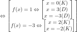 \Leftrightarrow \begin{bmatrix} f(x)=1\Leftrightarrow \begin{bmatrix} x=0(K)\\ x=3(D)\\ x=-3(D) \end{matrix}\\ f(x)=-3\Leftrightarrow \begin{bmatrix} x=2(K)\\ x=-2(K) \end{matrix} \end{matrix}