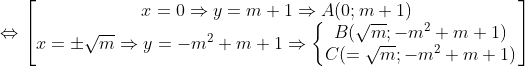 \Leftrightarrow \begin{bmatrix} x=0\Rightarrow y=m+1\Rightarrow A(0;m+1)\\ x=\pm\sqrt{m}\Rightarrow y=-m^2+m+1\Rightarrow \left\{\begin{matrix} B(\sqrt{m};-m^2+m+1)\\ C(=\sqrt{m};-m^2+m+1) \end{matrix}\right. \end{matrix}