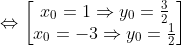 \Leftrightarrow \begin{bmatrix} x_0=1\Rightarrow y_0=\frac{3}{2}\\ x_0=-3\Rightarrow y_0=\frac{1}{2} \end{bmatrix}