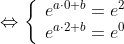 \Leftrightarrow \left\{ \begin{array}{ll} e^{a\cdot 0+b}=e^{2} \\ e^{a\cdot 2+b}=e^{0} \end{array} \right.