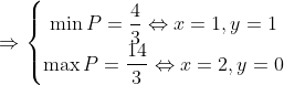 \Rightarrow \left\{\begin{matrix} \displaystyle \min{P}=\frac{4}{3}\Leftrightarrow x=1, y=1\\ \displaystyle \max{P}=\frac{14}{3}\Leftrightarrow x=2, y=0 \end{matrix}\right.