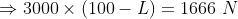 \Rightarrow 3000\times\left ( 100-L \right )=1666\ N
