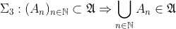 \Sigma_3 : (A_n)_{n\in\mathbb{N}}\subset\mathfrak{A}\Rightarrow \bigcup_{n\in\mathbb{N}}A_n\in\mathfrak{A}