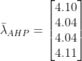 \bar{\lambda }_{AHP}=\begin{bmatrix} 4.10\\ 4.04 \\ 4.04 \\ 4.11 \end{bmatrix}