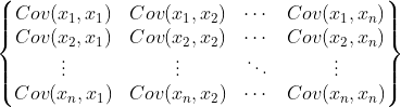 \begin{Bmatrix} Cov(x_{1},x_{1}) &Cov(x_{1},x_{2}) &\cdots &Cov(x_{1},x_{n}) \\ Cov(x_{2},x_{1}) &Cov(x_{2},x_{2}) &\cdots &Cov(x_{2},x_{n}) \\ \vdots &\vdots &\ddots &\vdots \\ Cov(x_{n},x_{1})&Cov(x_{n},x_{2}) &\cdots &Cov(x_{n},x_{n}) \end{Bmatrix}