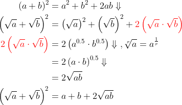 \begin{align*} (a+b)^2&=a^2+b^2+2ab\Downarrow\\ \left (\sqrt{a}+\sqrt{b}\right )^2&=\left (\sqrt{a}\right )^2+\left (\sqrt{b}\right )^2+{\color{Red} 2\left (\sqrt{a}\cdot \sqrt{b}\right )}\\ {\color{Red} 2\left (\sqrt{a}\cdot \sqrt{b}\right )}&=2\left (a^{0.5}\cdot b^{0.5}\right )\Downarrow\;,\sqrt[r]{a}=a^{\frac{1}{r}}\\ &=2\left (a\cdot b\right )^{0.5}\Downarrow\\ &=2\sqrt{ab}\\ \left (\sqrt{a}+\sqrt{b}\right )^2&=a+b+2\sqrt{ab} \end{align}