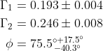 \begin{align*} \Gamma_1 &= 0.193 \pm 0.004 \\ \Gamma_2 &= 0.246 \pm 0.008 \\ \phi &= 75.5^{\circ +17.5^{\circ}}_{\, -40.3^{\circ}} \end{align*}