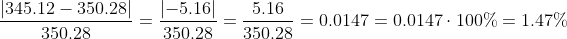\begin{align*} \frac{\left | 345.12-350.28 \right |}{350.28} &= \frac{\left | -5.16 \right |}{350.28}= \frac{5.16}{350.28}=0.0147=0.0147\cdot 100\%=1.47\% \end{align*}