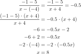\begin{align*} \frac{-1-5}{x-(-4)} &=\frac{-1-5}{x+4}= -0.5 \\ \frac{(-1-5)\cdot (x+4)}{x+4} &= -0.5\cdot (x+4) \\ -6 &= -0.5x-2 \\ -6+2 &= -0.5x \\ -2\cdot (-4) &= -2\cdot (-0.5x) \\ x&=8 \end{align*}