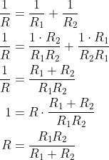 \begin{align*} \frac{1}{R} &= \frac{1}{R_1}+\frac{1}{R_2} \\ \frac{1}{R} &= \frac{1\cdot R_2}{R_1R_2}+\frac{1\cdot R_1}{R_2R_1} \\ \frac{1}{R} &= \frac{R_1+R_2}{R_1R_2} \\ 1 &= R\cdot \frac{R_1+R_2}{R_1R_2} \\ R &= \frac{R_1R_2}{R_1+R_2} \\ \end{align*}