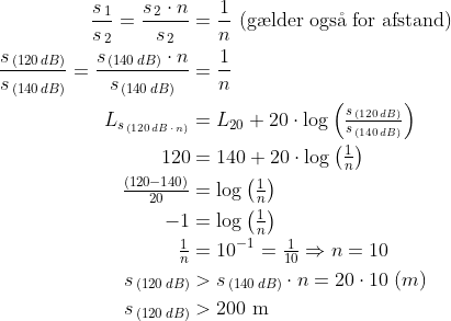 \begin{align*} \frac{s_{\,1}}{s_{\,2}}=\frac{s_{\,2}\cdot n}{s_{\,2}} &= \frac{1}{n}\text{ (g\ae lder ogs\aa \;for afstand)} \\ \frac{s_{\,(120\,dB)}}{s_{\,(140\,dB)}}=\frac{s_{\,(140\,dB)}\cdot n}{s_{\,(140\,dB)}} &= \frac{1}{n} \\ L_{s_{\,(120\,dB\,\cdot\,n)}} &= L_{20}+20\cdot \log\left (\tfrac{s_{\,(120\,dB)}}{s_{\,(140\,dB)}} \right ) \\ 120 &= 140+20\cdot \log\left (\tfrac{1}{n} \right ) \\ \tfrac{(120-140)}{20} &= \log\left (\tfrac{1}{n} \right ) \\ -1 &= \log\left (\tfrac{1}{n} \right ) \\ \tfrac{1}{n} &= 10^{-1}=\tfrac{1}{10}\Rightarrow n=10 \\ s_{\,(120\,dB)} &> s_{\,(140\,dB)}\cdot n=20\cdot 10\;(m) \\ s_{\,(120\,dB)} &> 200\text{ m} \\ \end{align*}