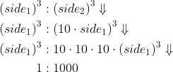\begin{align*} \left ( side_1 \right )^3 &: \left ( side_2 \right )^3 \Downarrow \\ \left ( side_1\right )^3 &: \left( 10\cdot side_1 \right )^3 \Downarrow \\ \left ( side_1\right )^3 &:10\cdot 10\cdot 10\cdot \left( side_1 \right )^3 \Downarrow \\ 1 &:1000 \end{align*}