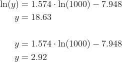 \begin{align*} \ln (y) &= 1.574\cdot \ln (1000)-7.948 \\ y &= 18.63 \\\\ y &= 1.574\cdot \ln (1000)-7.948 \\ y &= 2.92 \end{align*}