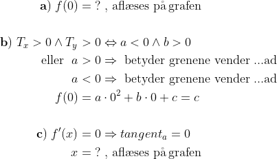 \begin{align*} \mathbf{a)}\;f(0) &= \;?\text{ , afl\ae ses p\aa \,grafen} \\\\ \mathbf{b)}\;T_x>0\wedge T_y &> 0\Leftrightarrow a<0\wedge b>0 \\ \text{eller } \;a &>0\Rightarrow \text{ betyder grenene vender ...ad} \\ a &<0\Rightarrow \text{ betyder grenene vender ...ad} \\ f(0) &= a\cdot 0^2+b\cdot 0+c=c \\\\ \mathbf{c)}\;f'(x) &= 0\Rightarrow tangent_a=0 \\ x &= \;?\text{ , afl\ae ses p\aa \,grafen} \end{align*}