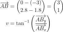 \begin{align*} \overrightarrow{AB} &= \binom{0-(-3)}{2.8-1.8}=\binom{3}{1} \\ v &= \tan^{-1}\left ( \frac{\overrightarrow{AB_y}}{\overrightarrow{AB_x}} \right ) \end{align*}