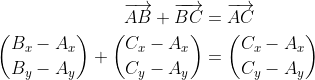\begin{align*} \overrightarrow{AB}+\overrightarrow{BC} &= \overrightarrow{AC} \\ \binom{B_x-A_x}{B_y-A_y}+\binom{C_x-A_x}{C_y-A_y} &= \binom{C_x-A_x}{C_y-A_y} \\ \end{align*}