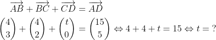 \begin{align*} \overrightarrow{AB}+\overrightarrow{BC}+\overrightarrow{CD} &= \overrightarrow{AD} \\ \binom{4}{3}+\binom{4}{2}+\binom{t}{0} &= \binom{15}{5}\Leftrightarrow 4+4+t=15\Leftrightarrow t=\;? \end{align*}