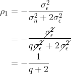 \begin{align*} \rho_1 &= -\frac{\sigma_\epsilon^2}{\sigma_\eta^2 + 2\sigma_\epsilon^2} \\ &= -\frac{\cancel{\sigma_\epsilon^2}}{q\cancel{\sigma_\epsilon^2} + 2\cancel{\sigma_\epsilon^2}} \\ &= -\frac{1}{q + 2} \end{align*}