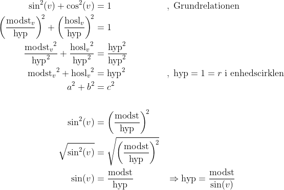 \begin{align*} \sin^2(v)+\cos^2(v) &= 1 &&,\;\textup{Grundrelationen} \\ \left (\frac{{\textup{modst}_v}}{\textup{hyp}}\right )^{\!2}+\left (\frac{{\textup{hosl}_v}}{\textup{hyp}}\right )^{\!2} &= 1 \\ \frac{{\textup{modst}_v}^2}{\textup{hyp}^2}+\frac{{\textup{hosl}_v}^2}{\textup{hyp}^2} &= \frac{\textup{hyp}^2}{\textup{hyp}^2} \\ {\textup{modst}_v}^2+{\textup{hosl}_v}^2 &= \textup{hyp}^2 &&,\;\textup{hyp}=1=r\;\textup{i enhedscirklen} \\ a^2+b^2 &= c^2 \\\\ \sin^2(v) &= \left (\frac{\textup{modst}}{\textup{hyp}} \right )^{\!2} \\ \sqrt{\sin^2(v)} &= \sqrt{\left (\frac{\textup{modst}}{\textup{hyp}}\right )^{\!2}} \\ \sin(v) &= \frac{\textup{modst}}{\textup{hyp}} &&\Rightarrow \textup{hyp}=\frac{\textup{modst}}{\sin(v)}\end{align*}