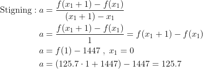 \begin{align*} \text{Stigning}:a &=\frac{f(x_1+1)-f(x_1)}{(x_1+1)-x_1} \\ a &=\frac{f(x_1+1)-f(x_1)}{1}=f(x_1+1)-f(x_1) \\ a &=f(1)-1447\;,\;x_1=0 \\ a &=(125.7\cdot 1+1447)-1447=125.7 \end{align*}