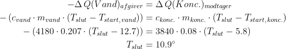 \begin{align*} -\Delta \, Q(Vand)_{afgiver} &= \Delta \, Q(Konc.)_{modtager} \\ - \left (c_{vand}\cdot m_{vand}\cdot \left ( T_{slut}-T_{start,\, vand} \right ) \right ) &= c_{konc.}\cdot m_{konc.}\cdot \left ( T_{slut}-T_{start,\, konc.} \right ) \\ - \left (4180\cdot 0.207\cdot \left ( T_{slut}-12.7 \right ) \right ) &= 3840\cdot 0.08\cdot \left ( T_{slut}-5.8 \right ) \\ T_{slut} &= 10.9^{\circ} \end{align*}