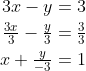 \begin{align*} 3x-y &= 3 \\ \tfrac{3x}{3}-\tfrac{y}{3} &= \tfrac{3}{3} \\ x+\tfrac{y}{-3} &= 1 \end{align*}