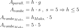 \begin{align*} A_{parall.} &= h\cdot g \\ A_{rombe} &= h\cdot s\;,\;s=5\Rightarrow h\leq 5 \\ A_{rombe_{Maks.}} &= h_{Maks.}\cdot 5 \\ A_{rombe_{Maks.}} &= 5\cdot 5 \\ \end{align*}