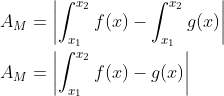 \begin{align*} A_M &= \left | \int_{x_1}^{x_2}f(x)-\int_{x_1}^{x_2}g(x) \right | \\ A_M &= \left | \int_{x_1}^{x_2}f(x)-g(x) \right | \end{align*}