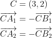 \begin{align*} C &= (3,2) \\ \overrightarrow{CA_1} &= -\overrightarrow{CB_1}\\ \overrightarrow{CA_2} &= -\overrightarrow{CB_2}\\ \end{align*}