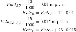 \begin{align*} Fald_{AD}: \frac{10}{1000} &= 0.01\text{ m pr. m} \\ Kote_B &= Kote_A-12\cdot 0.01 \\ Fald_{EB,\;FC}: \frac{15}{1000} &= 0.015\text{ m pr. m} \\ Kote_E &= Kote_B+25\cdot 0.015 \end{align*}