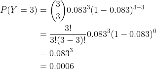 -C ) 0.0833(1 0.083)-a P(Y = 3) 3! 3!(3-370 0833 (1-0.083)0 = 0.0833 0.0006