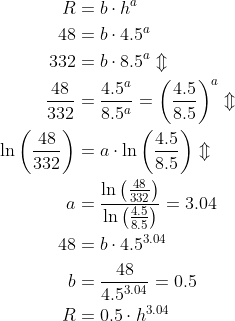 \begin{align*} R &= b\cdot h^{a} \\ 48 &= b\cdot 4.5^{a} \\ 332 &= b\cdot 8.5^{a} \Updownarrow \\ \frac{48}{332} &=\frac{4.5^{a}}{8.5^{a}}= \left (\frac{4.5}{8.5} \right )^{a}\Updownarrow \\ \ln\left (\frac{48}{332} \right ) &=a\cdot \ln\left (\frac{4.5}{8.5} \right )\Updownarrow \\ a &= \frac{\ln\left (\frac{48}{332} \right )}{\ln\left (\frac{4.5}{8.5} \right )}=3.04 \\ 48 &= b\cdot 4.5^{3.04} \\ b &= \frac{48}{4.5^{3.04}}=0.5 \\ R &= 0.5\cdot h^{3.04} \end{align*}