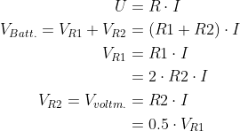 \begin{align*} U &= R\cdot I\\ V_{Batt.}=V_{R1}+V_{R2}&=(R1+R2)\cdot I\\ V_{R1}&=R1\cdot I\\ &=2\cdot R2\cdot I\\ V_{R2}=V_{voltm.}&=R2\cdot I\\ &=0.5\cdot V_{R1} \end{align*}
