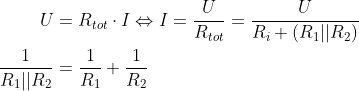 \begin{align*} U &= R_{tot}\cdot I\Leftrightarrow I=\frac{U}{R_{tot}} =\frac{U}{R_i+(R_1||R_2)} \\ \frac{1}{R_1||R_2} &= \frac{1}{R_1}+\frac{1}{R_2} \end{align*}