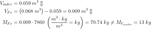 \begin{align*} V_{indre} &=0.059\;m^3\Updownarrow \\ V_{Fe} &= \left (0.068\;m^3 \right )-0.059=0.009\;m^3\Updownarrow \\ M_{Fe} &= 0.009\cdot 7860\;\left ( \frac{m^3\cdot kg}{m^3}=kg \right )=70.74\;kg \neq M_{V_{under}} =13\;kg \end{align*}