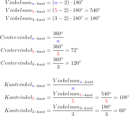 \begin{align*} Vinkelsum_{{\color{Blue} n}-kant} &= ({\color{Blue} n}-2)\cdot 180^{\circ}\\ Vinkelsum_{{\color{Red} 5}-kant} &= ({\color{Red} 5}-2)\cdot 180^{\circ}=540^{\circ}\\ Vinkelsum_{3-kant} &= (3-2)\cdot 180^{\circ}=180^{\circ}\\\\ Centervinkel_{{\color{Blue} n}-kant} &=\frac{360^{\circ}}{{\color{Blue} n}}\\ Centervinkel_{{\color{Red} 5}-kant} &=\frac{360^{\circ}}{{\color{Red} 5}}=72^{\circ}\\ Centervinkel_{3-kant} &=\frac{360^{\circ}}{3}=120^{\circ}\\\\ Kantvinkel_{{\color{Blue} n}-kant} &=\frac{Vinkelsum_{{\color{Blue} n}-kant}}{{\color{Blue} n}}\\ Kantvinkel_{{\color{Red} 5}-kant} &=\frac{Vinkelsum_{{\color{Red} 5}-kant}}{{\color{Red} 5}}=\frac{540^{\circ}}{{\color{Red} 5}}=108^{\circ}\\ Kantvinkel_{3-kant} &=\frac{Vinkelsum_{3-kant}}{3}=\frac{180^{\circ}}{3}=60^{\circ} \end{align*}
