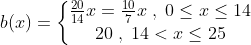 \begin{align*} b(x) &= \left\{\begin{matrix} \tfrac{20}{14}x=\tfrac{10}{7}x\;,\;0\leq x\leq 14\\20\;,\;14<x\leq 25\end{matrix}\right. \end{align*}