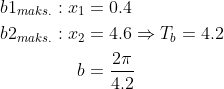 \begin{align*} b1_{maks.}:x_1 &= 0.4 \\ b2_{maks.}:x_2 &= 4.6\Rightarrow T_b=4.2 \\ b &= \frac{2\pi}{4.2} \end{align*}