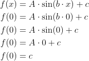 \begin{align*} f(x) &= A\cdot \sin(b\cdot x)+c \\ f(0) &= A\cdot \sin(b\cdot 0)+c \\ f(0) &= A\cdot \sin(0)+c \\ f(0) &= A\cdot 0+c \\ f(0) &= c \\ \end{align*}