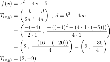 \begin{align*} f(x) &= x^2-4x-5 \\ T_{(x,y)} &= \left (\frac{-b}{2a}\, ,\: \frac{-d}{4a}\right ) \;,\;d= b^2-4ac \\ &= \left (\frac{-(-4)}{2\cdot 1} \; ,\: \frac{-\left ((-4)^2-\left (4\cdot 1\cdot (-5) \right ) \right )}{4\cdot 1}\right ) \\ &= \left (2\, ,\: \frac{-\left (16-(-20) \right )}{4}\right )= \left (2\, ,\: \frac{-36}{4}\right ) \\ T_{(x,y)} &= \left (2,-9\right ) \end{align*}