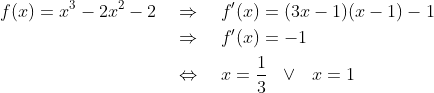 \begin{align*} f(x) = x^3 - 2x^2-2 \quad&\Rightarrow\quad f^\prime(x) = (3x-1)(x-1) - 1 \\ &\Rightarrow\quad f^\prime(x) = -1 \\ &\Leftrightarrow\quad x=\frac{1}{3}\ \ \vee\ \ x=1 \end{align*}