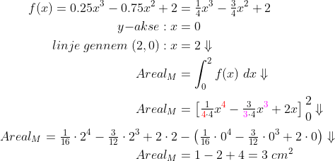 \begin{align*} f(x)=0.25x^3-0.75x^2+2 &=\tfrac{1}{4}x^3-\tfrac{3}{4}x^2+2 \\ y{-}akse: x &=0 \\ linje\;gennem\;(2,0):x &=2\Downarrow\\ Areal_{M} &=\int_{0}^{2}f(x)\;dx\Downarrow\\ Areal_{M} &=\left [\tfrac{1}{{\color{Red} 4}\cdot 4}x^{\color{Red} 4} -\tfrac{3}{{\color{Magenta} 3}\cdot 4}x^{\color{Magenta} 3}+2x \right ]\begin{matrix}2\\0\end{matrix} \Downarrow\\ Areal_{M}=\tfrac{1}{16}\cdot 2^4-\tfrac{3}{12}\cdot 2^3+2\cdot 2 & -\left ( \tfrac{1}{16}\cdot 0^4-\tfrac{3}{12}\cdot 0^3+2\cdot 0 \right ) \Downarrow\\ Areal_{M} &=1-2+4=3\;cm^2 \end{align*}