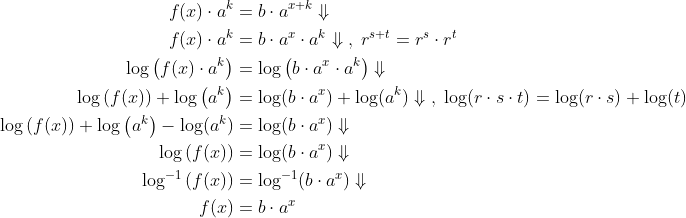 \begin{align*} f(x)\cdot a^k &=b\cdot a^{x+k}\Downarrow \\ f(x)\cdot a^k &= b\cdot a^x\cdot a^k\Downarrow\;,\;r^{s+t}=r^s\cdot r^t \\ \log\left(f(x)\cdot a^k\right) &= \log\left(b\cdot a^x\cdot a^k\right)\Downarrow \\ \log\left(f(x)\right)+\log\left(a^k\right) &= \log(b\cdot a^x)+\log(a^k)\Downarrow \;,\;\log(r\cdot s\cdot t)=\log(r\cdot s)+\log(t) \\ \log\left(f(x)\right)+\log\left(a^k\right)-\log(a^k) &= \log(b\cdot a^x)\Downarrow \\ \log\left(f(x)\right) &= \log(b\cdot a^x)\Downarrow \\ \log^{-1}\left(f(x)\right) &= \log^{-1}(b\cdot a^x)\Downarrow \\ f(x) &= b\cdot a^x \end{align*}